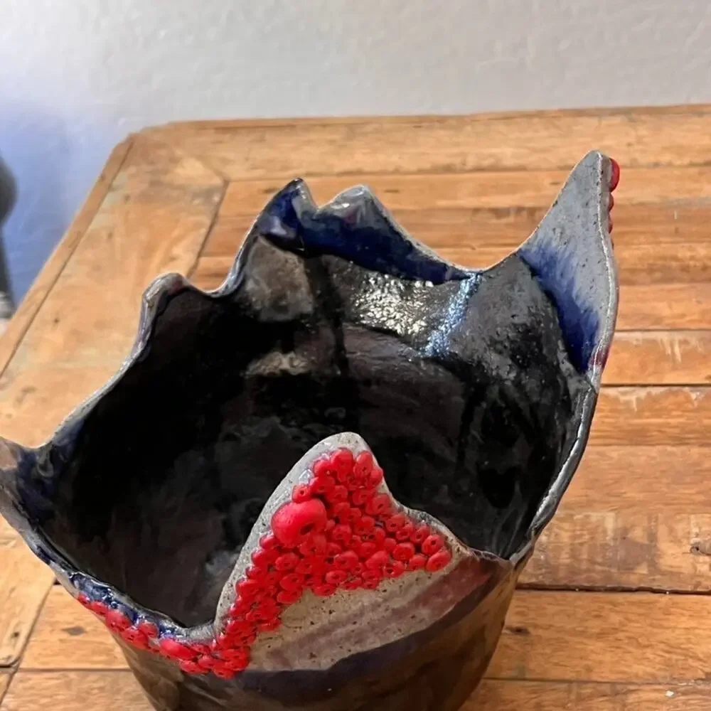 Handcrafted Abstract Ceramic Planter Vase Textured Dark Glaze